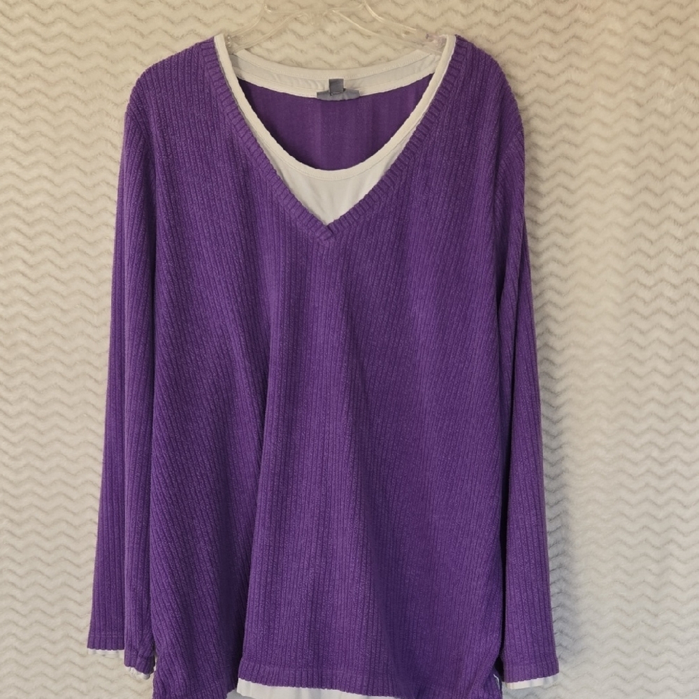 Essentials Purple V-Neck Top with White Trim
